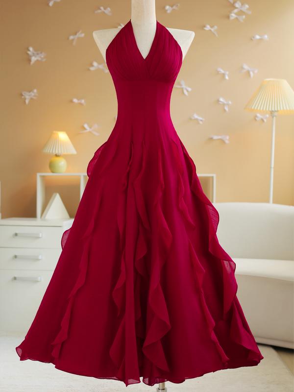 SÒ VINTAGE - ROSELA Đầm maxi đỏ đô tùng bèo, cổ yếm