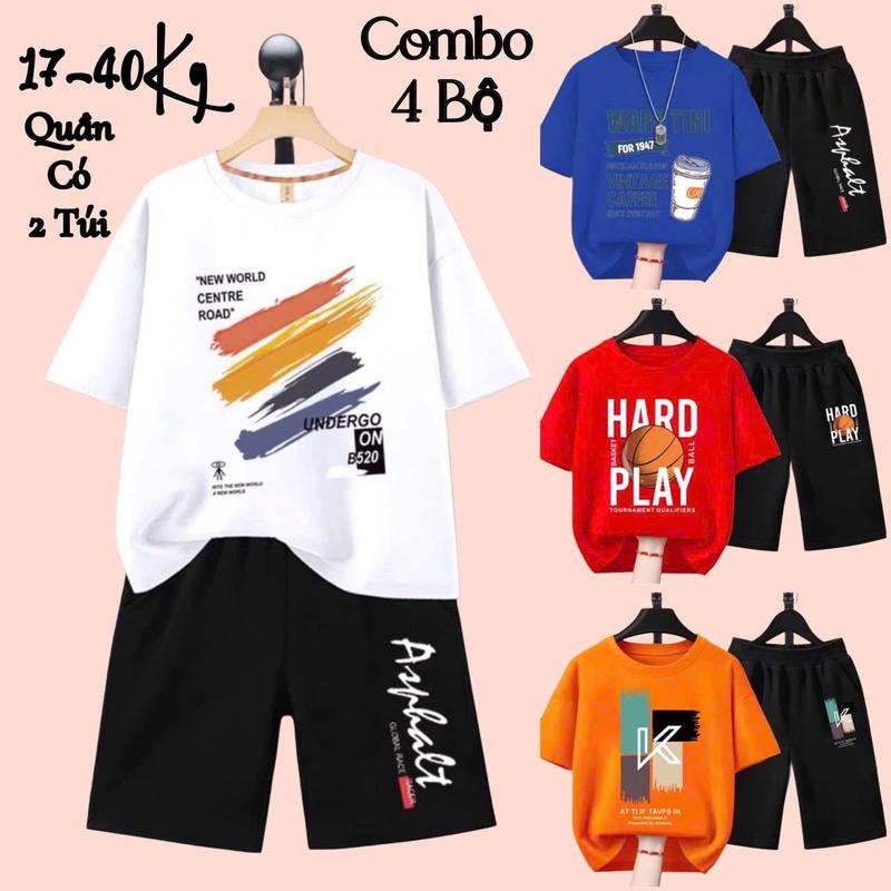 Combo 4 Bộ quần áo bé trai mùa hè size đại từ 17 đến 40kg, chất thun co giãn, mềm mát, phong cách Hàn Quốc cho bé trai từ 5 đến 14 tuổi, dáng quần đùi áo cộc tay thể thao. quần  áo đồ