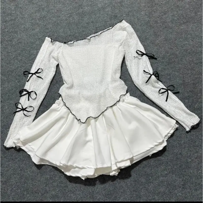 (New) Áo thun lệch vai nơ , Sét áo lưới nơ 2 mặt đều vạt nhọn sl