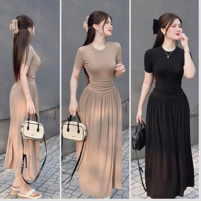 Đầm body D80 cổ tròn xoè dài nhún nút eo tôn dáng thun tăm thái dày dặn freesize