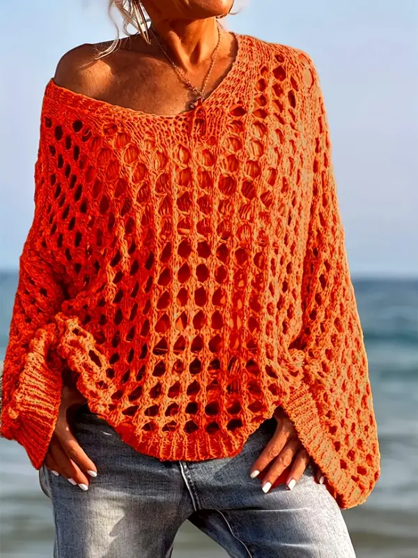 Women's Plain Hollow Out Sweater, Casual   Long Sleeve Jumper for Summer, Fashion Women's Knitwear for Daily Wear 5