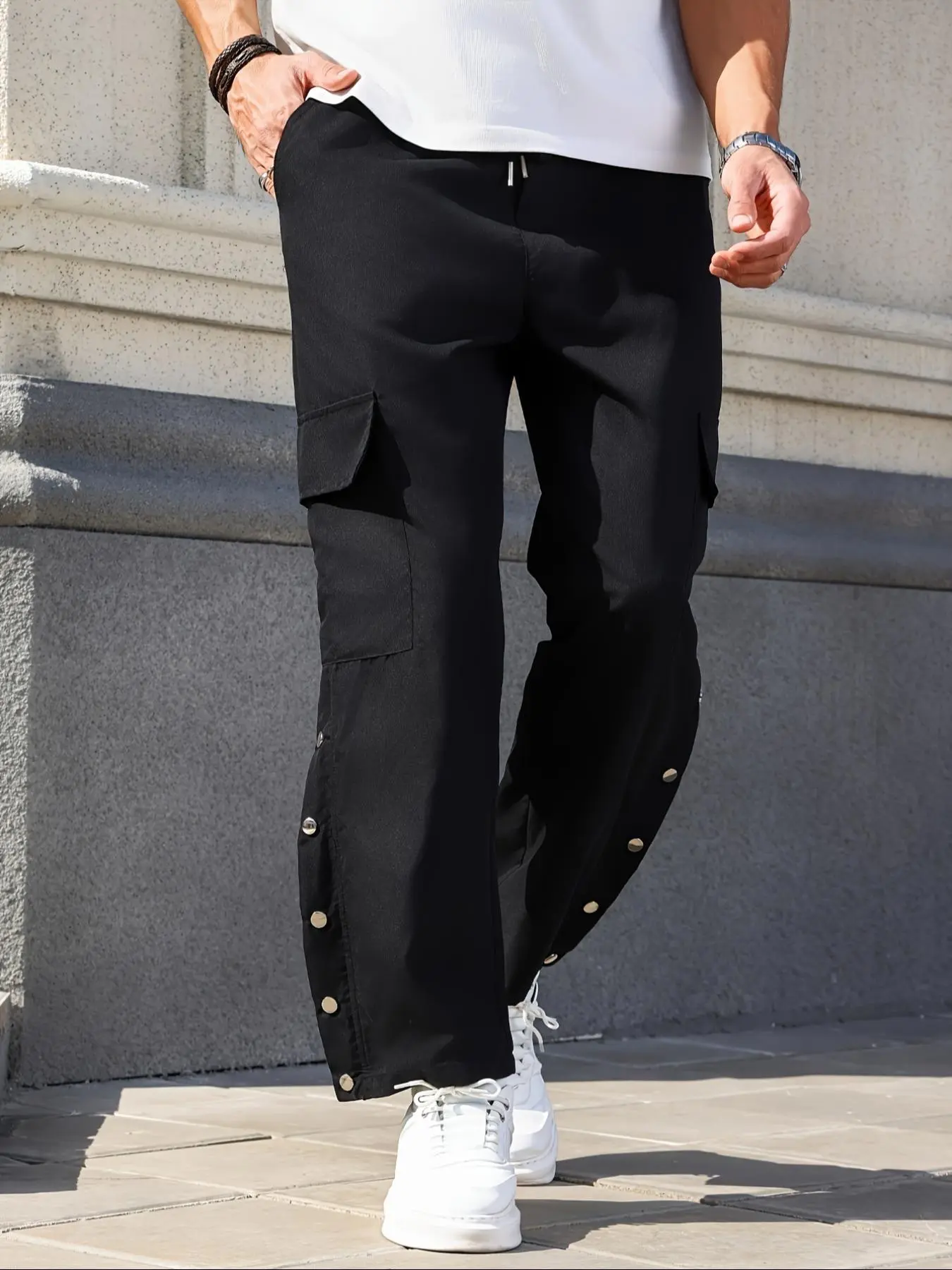 Men's Solid Pocket Button Decor Drawstring Waist Cargo Pants, Street Fashion Casual Regular Fit Straight Leg Trousers for Daily Wear, Men's Bottoms for All Seasons