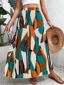 【Plus Size】 Colorblock Skirt, Boho Fashion Casual Long Skirt for Daily Holiday Vacation Wear, Women Clothing for All Seasons