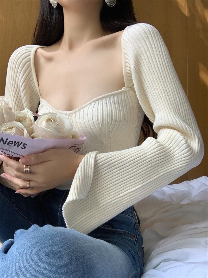 Product Introduction of Áo Dệt Kim Tay Dài Cổ Vuông Dáng Ôm Trơn 9
