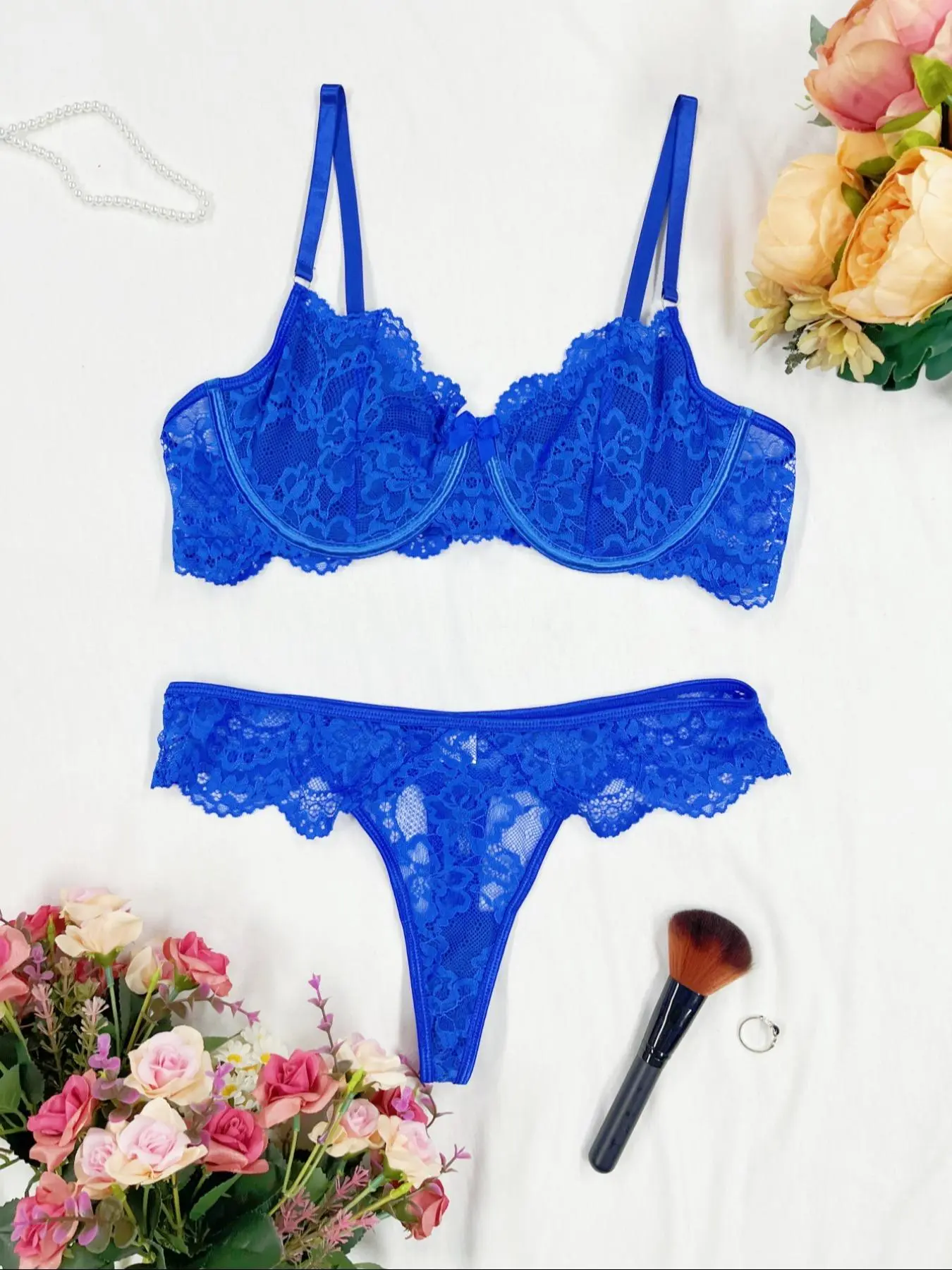 Women's Plain Underwire Lace Bra & Panty Two-Piece Set, Casual Soft Comfortable Breathable Lingerie Set for Daily Wear, Underwear Set for Women