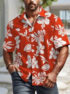 Men's Floral Print Short Sleeve Shirt, Regular Fit Casual Comfy Breathable Button Front Collared Top for Summer, Men's Clothes for Beach Vacation