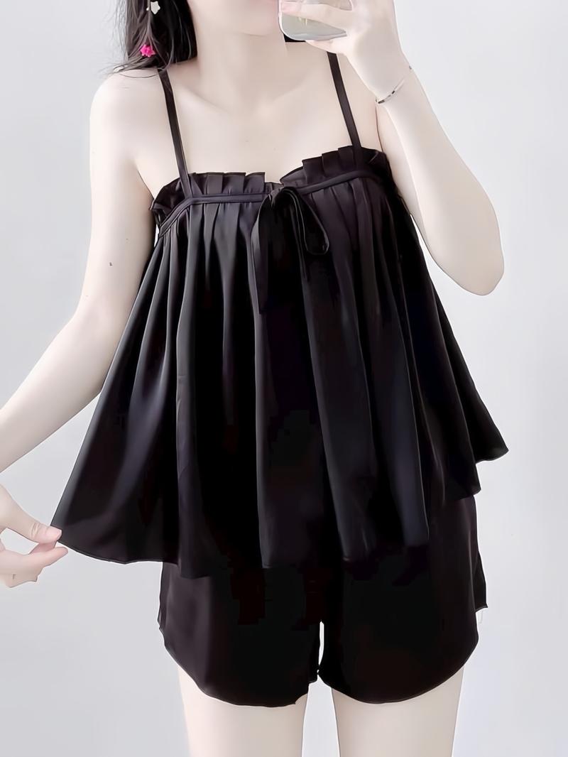 Product Introduction of 40-64 Ký; Bộ Ngủ 2 Dây Áo Xếp Ly Buộc Nơ Quần Đùi Lụa Latin Nữ 21
