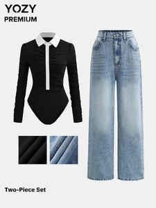 YOZY Women's Colorblock Print Bodysuit & Jeans Two-piece Set, Casual Fashion Cozy Two Piece Outfits for Daily Outdoor Wear, Women Clothes for Spring & Fall