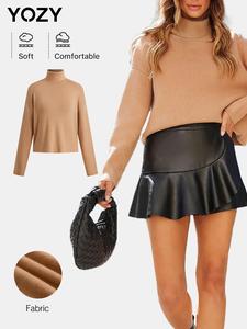 YOZY Women's Solid Drop Shoulder Sweater, Casual Long Sleeve High Neck Jumper for Fall & Winter, Fashion Ladies' Knitwear for Daily Wear