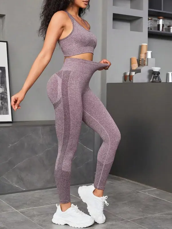 Women's Solid Scoop Neck Crop Tank Top & High Waist Leggings Tracksuit Set, Sporty Breathable Outfits for Yoga Gym Workout Running, Ladies Sportswear for All Seasons 2