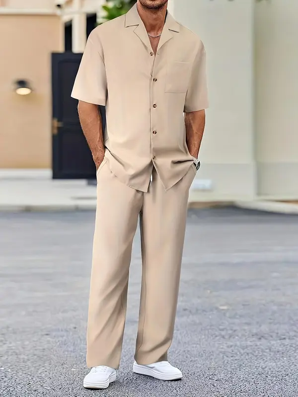 Two-Piece Set Men's Solid Button Front Shirt & Drawstring Waist Straight Leg Pants, Regular Fit Casual Lapel Neck Short Sleeve Top & Pocket Trousers for Daily Wear, Men's Two-piece Outfits for Spring & Fall & Summer, Menswear, Clothes 0