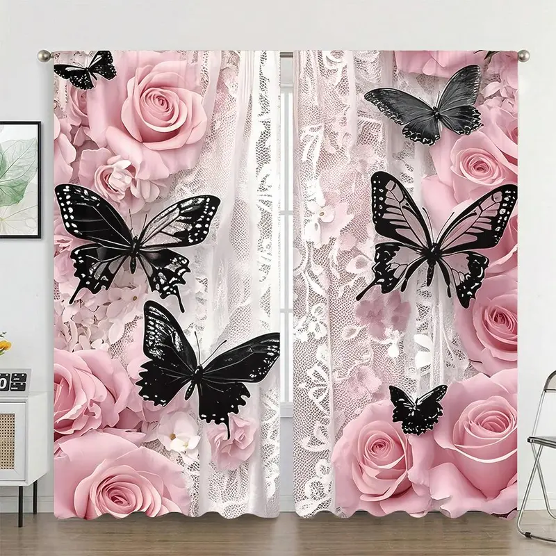 Butterfly & Rose Pattern Door Curtain, 2 Counts/set Lace Design Door Curtain, Window Curtain for Home Living Room Bedroom Decor 0