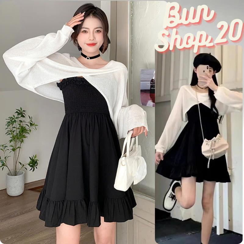 Set váy nữ - Váy 2 dây kèm áo cardigan croptop Chất vải lụa thích hợp cho các bạn đi học hay đi chơi đều dễ phối đồ