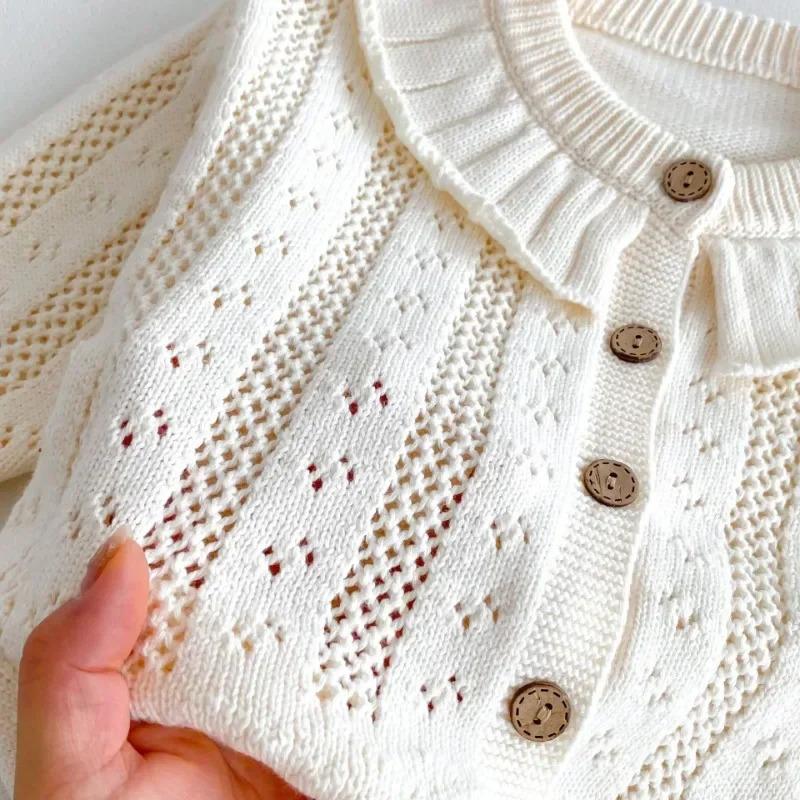 Korean Baby Girl Autumn Hollow Out Sweater Cardigan Kids Fashion Cotton Ruffle Collar Knitted Jacket Spring Solid Outerwear Coat 3