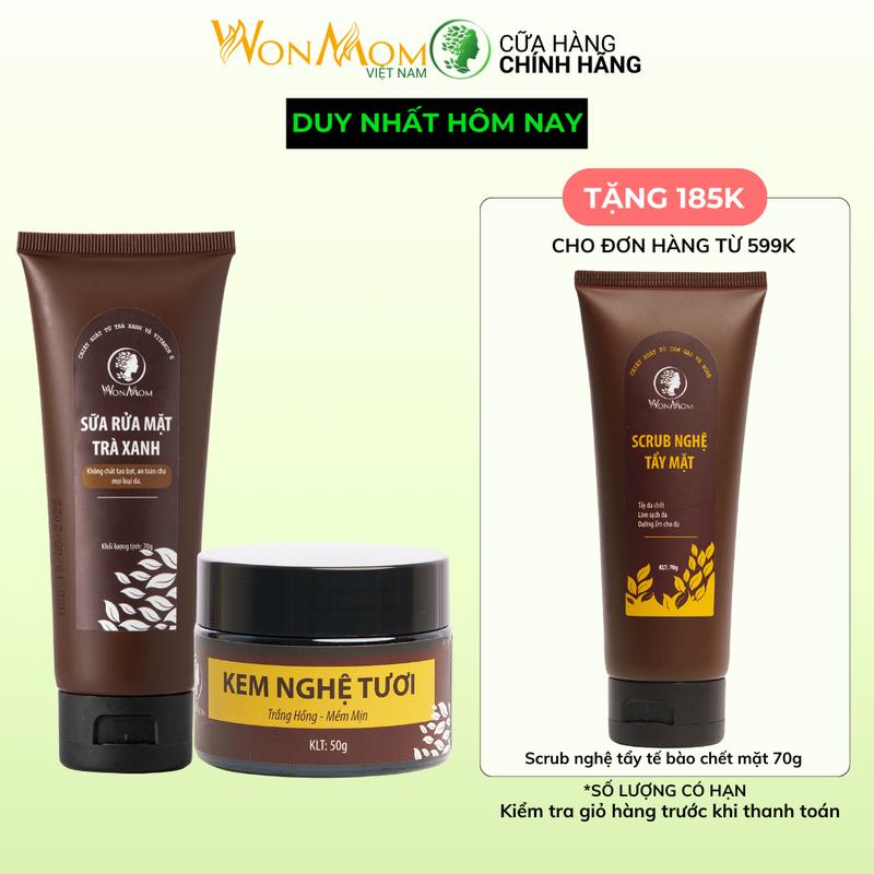 Combo 2 Món Hỗ Trợ Làm Sách Sâu Dưỡng Trắng Sáng, Ngăn Ngừa Thâm, Nám, Sạm, Tàn Nhang Wonmom, Skincare Làm Đẹp Cho Nữ ( 1 Sữa rửa mặt 70g + 1 Kem nghệ tươi 50g )