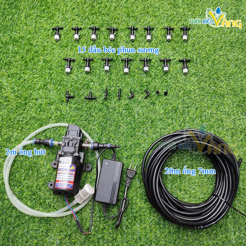 Máy phun sương mini tưới cây làm mát sân vườn, quán cà phê 15 đầu béc và 20m dây 7mm