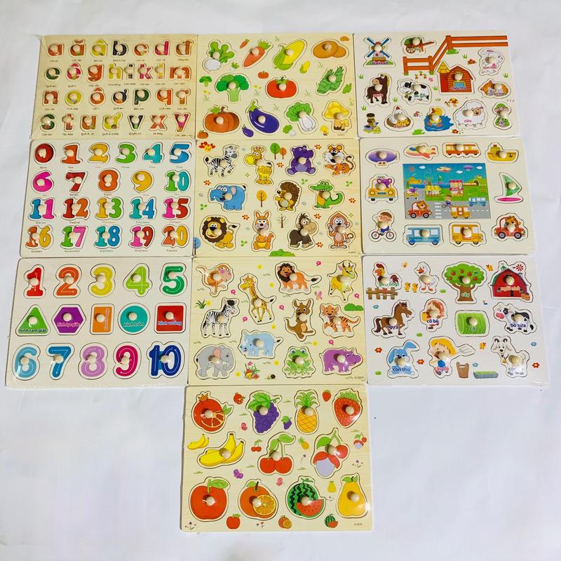 Đồ chơi combo 5-10 bảng núm gỗ cho bé lắp ráp xếp hình rèn luyện sự khéo léo và tư duy