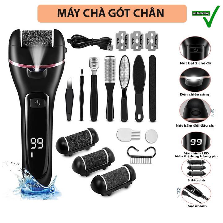 Máy chà gót chân tẩy tế bào chết 3 đầu mài 2 chế độ máy mài gót chân tặng kèm bộ phụ kiện 10 món dụng cụ chà mài gót chân