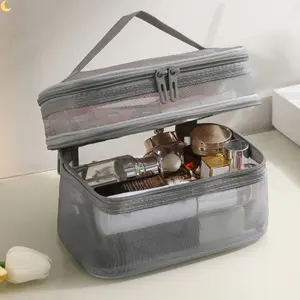 Tempat Alat Kosmetik Baru Transparan, Tas Koper Mesh Organizer Makeup Dua Lapisan, Tas Traveling Multifungsi untuk Kosmetik dan Alat Mandi