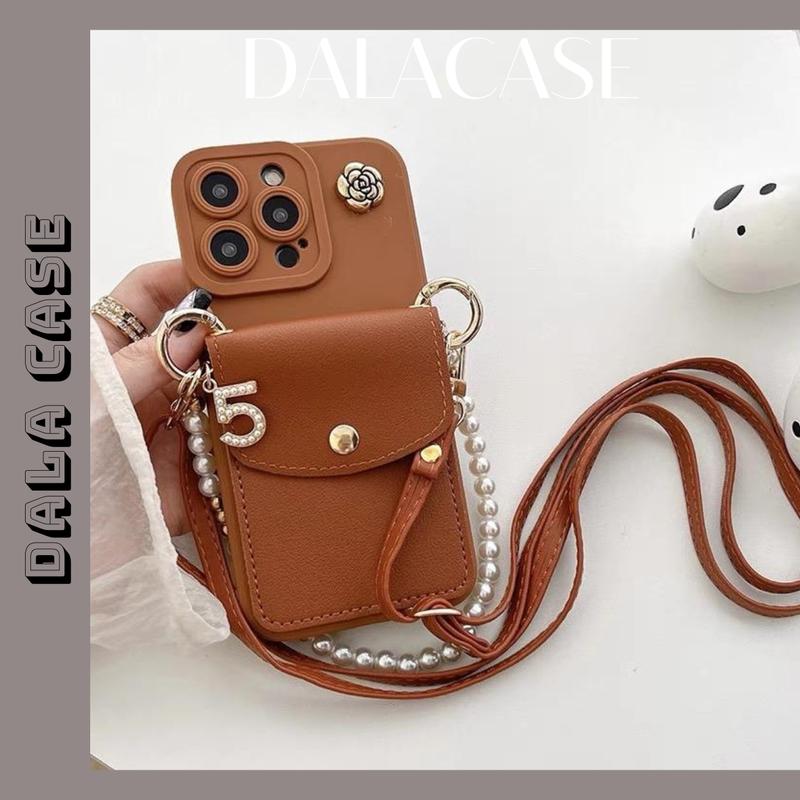  Ốp Lưng Kèm Ví Nâu Đính Hoa Trà + Dây Ngọc Trai  1 Ốp Kèm 1 Dây Dài  