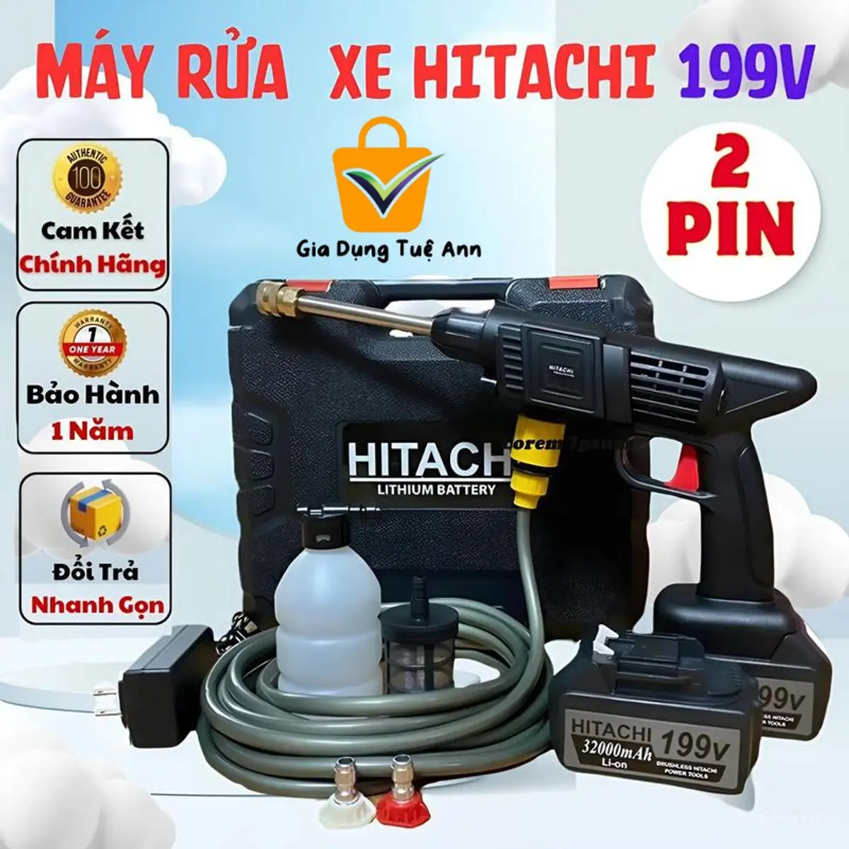 Máy Rửa Xe Cầm Tay 199V 2 Pin - Xịt Rửa Xe Áp Lực Cao, Sân Vườn, Bình Tạo Bọt Tuyết Tiết Kiệm Nước - Bảo Hành 12 Tháng - Lau Xe