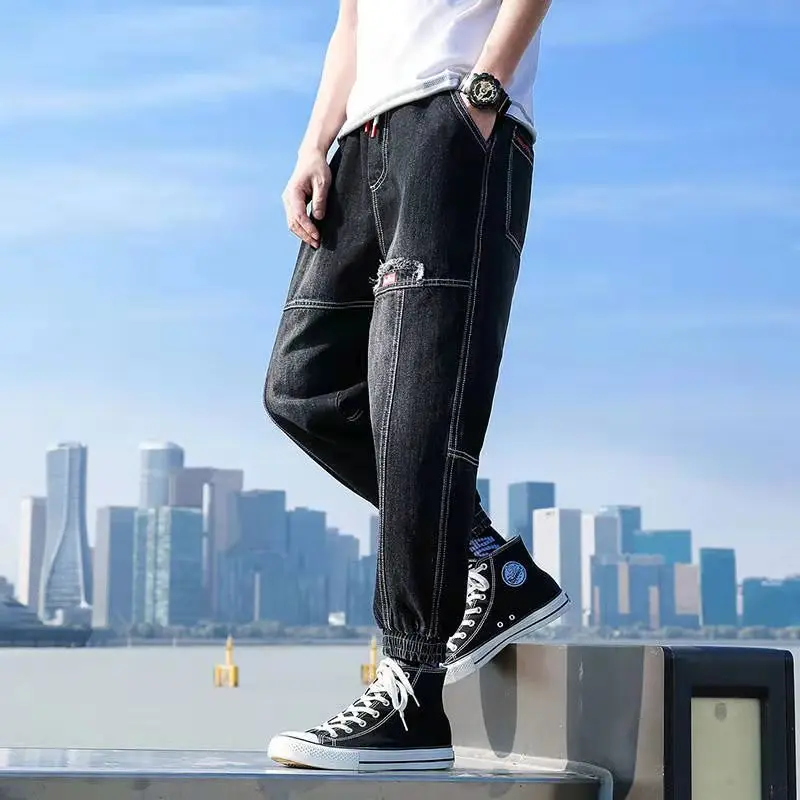 Quần jean chở hàng dành cho nam giới, Thương Hiệu Thời Trang Nhật Bản đã giặt, đường khâu lỏng lẻo cũ, màu đặc, đa năng, Velcro, chiều dài mắt cá chân, quần jogger 6