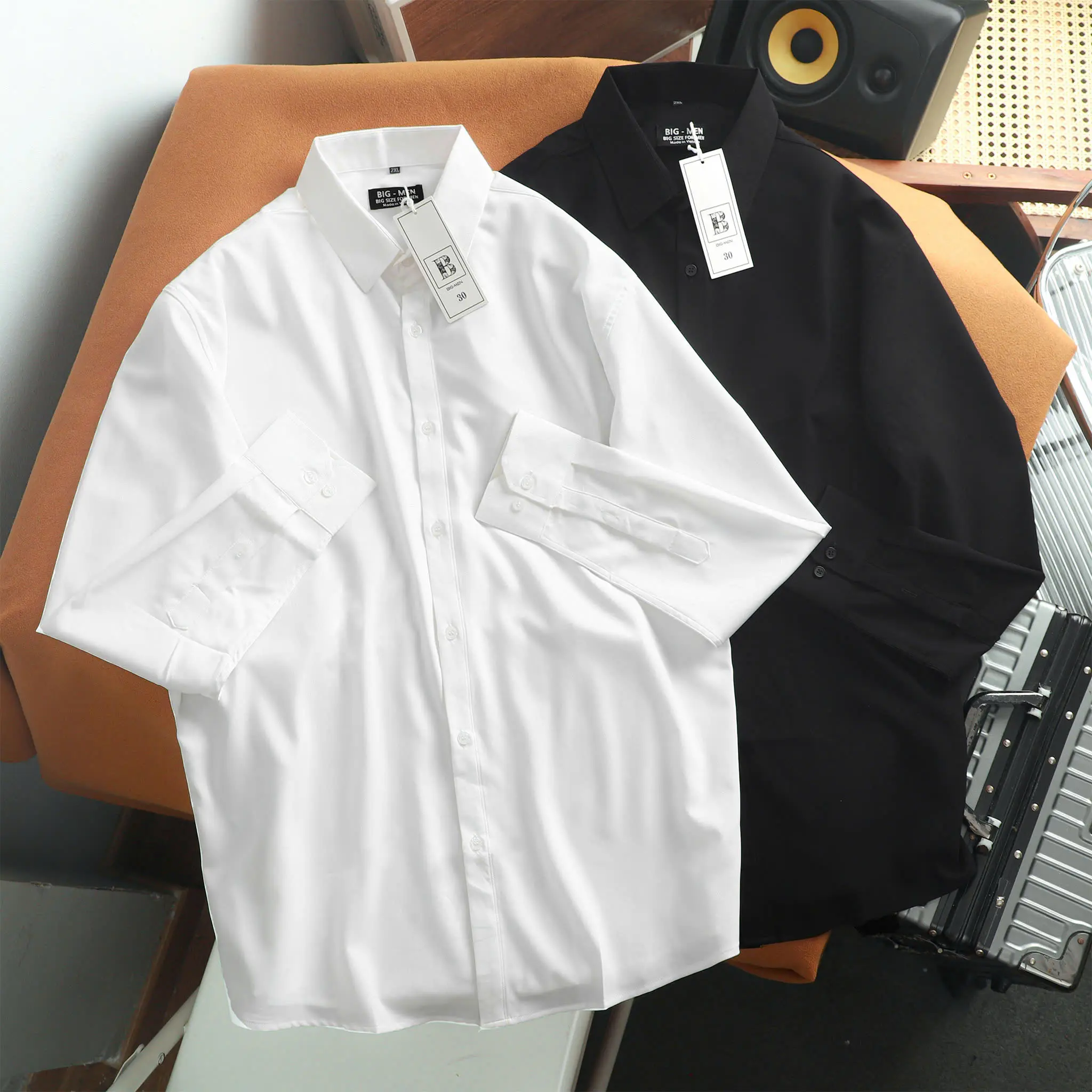 Bigsize.Bigsizemen- Áo sơ mi tay dài chất vải kate lụa form dài trên 1m8 thời trang bigsize nam< 130 kg