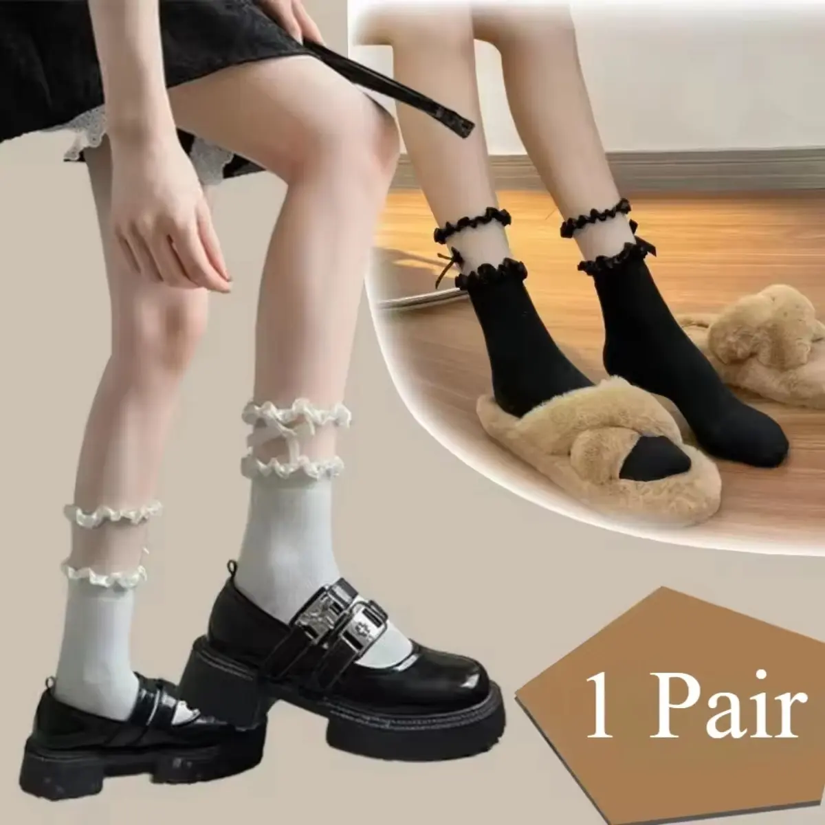 New INS Black Lace Socks Thin with Small Leather Shoes Jk Splicing Lolita Girls Socks Girl's Bow Mid-Tube Solid Color Lace Socks