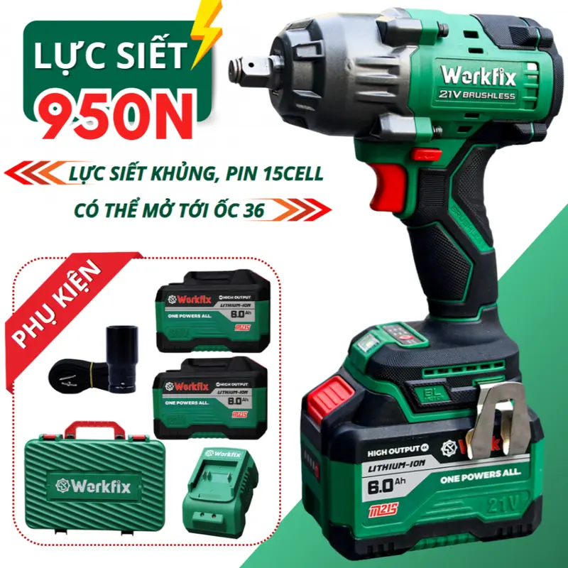 Máy Siết Bulong P WORKFIX WF-IW950N Không Chổi Than, Lực Siết 950Nm Mở Vặn Ốc Xe Tải, Ô Tô 0