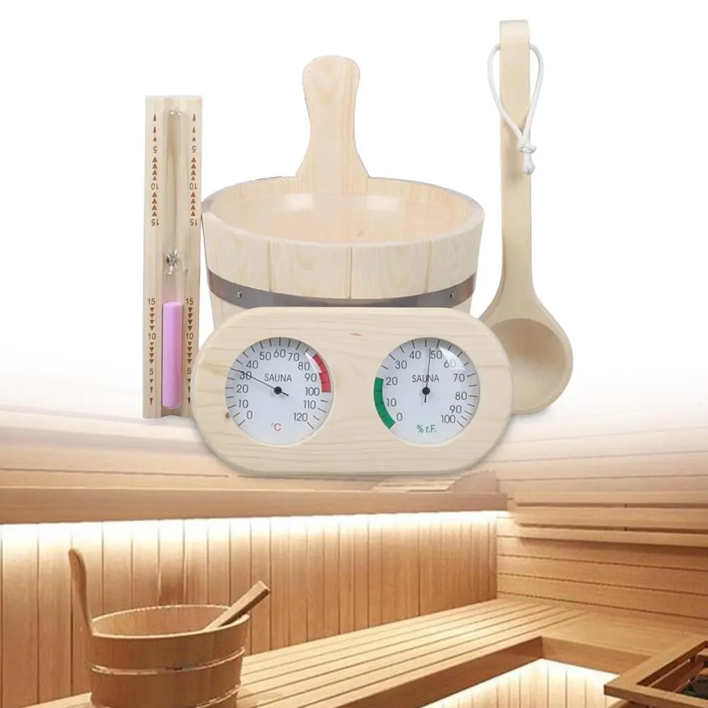 5 Pieces SPA Accessory, Sauna Bucket and Ladle Set, Handmade Hourglass, Thermometer and Hygrometer for Bathroom