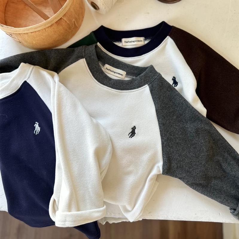 Product Introduction of Children'S Base Shirt 2023 Autumn And Winter Edition, Boys And Girls Color Blocked Raglan Sleeve T-Shirt, Baby German Velvet Long Sleeved Inner Layer 32