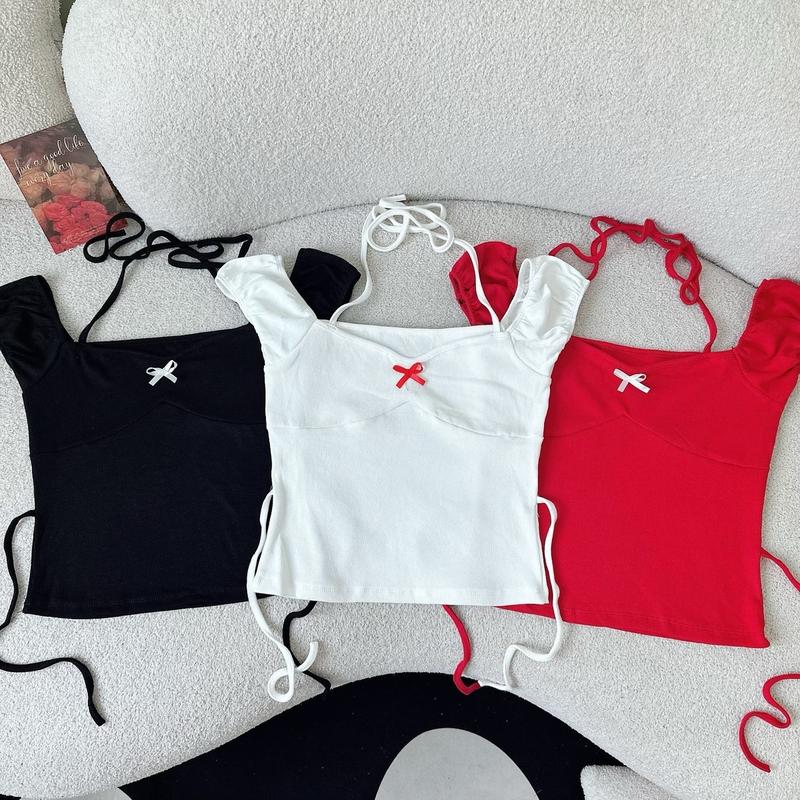 Áo crotop đính nơ kèm dây thắt eo với cổ mặc được nhiều kiểu - 3 MÀU