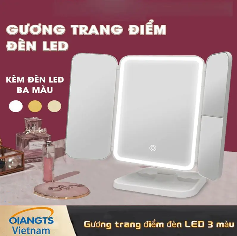 Gương để bàn, QIANGTS, Đèn LED 3 màu, Trang điểm, Cửa gấp làm đẹp, 2 cánh, Chức năng cảm ứng ánh sáng 3 chế độ, Sạc USB, Thích hợp cho mỹ phẩm trang điểm Phấn Mắt, Món quà tốt của Nữ Thần