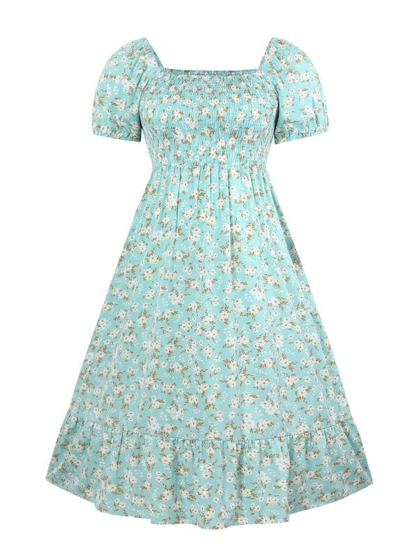 【Plus Size】Frenchy Style Ditsy Floral Print Puff Sleeve A Line Maxi Dress, Square Neck Shirred Dress, Dresses for Women, Dresses for Women, Women's Clothes for Summer, Summer Dresses, Womenswear 6
