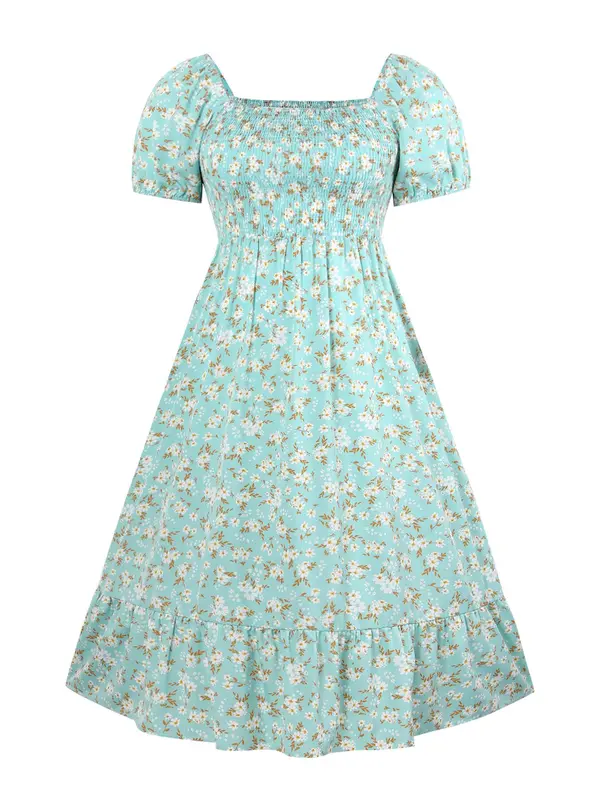 【Plus Size】Frenchy Style Ditsy Floral Print Puff Sleeve A Line Maxi Dress, Square Neck Shirred Dress, Dresses for Women, Dresses for Women, Women's Clothes for Summer, Summer Dresses, Womenswear 6