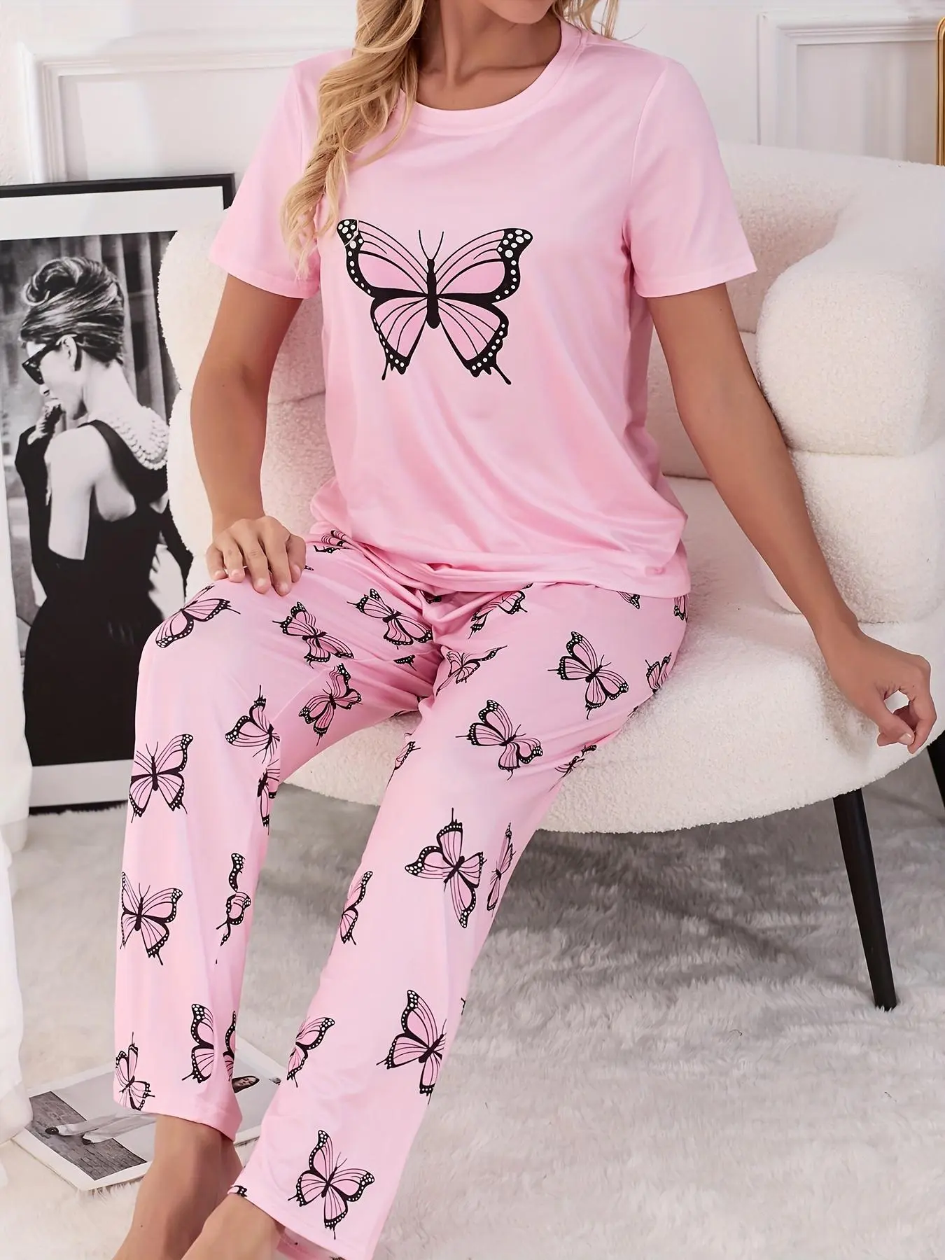 Women's Butterfly Print Short Sleeve Tee & Pants Pyjama Two-piece Set, Casual Comfy Round Neck T-shirt & Trousers Pj Set, Ladies Summer Sleepwear, Cute Pajamas