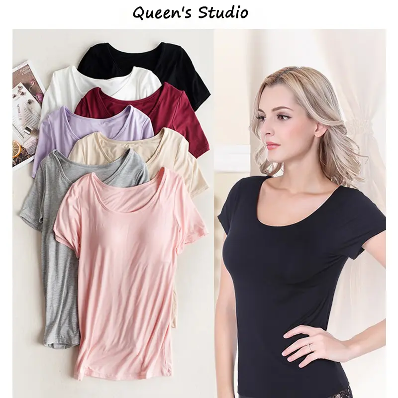 [Queen's Studio] Japan Bra-T Women Elastic Basic T-Shirts With Chest Pad Plain Solid Modal Tops printed  tee
