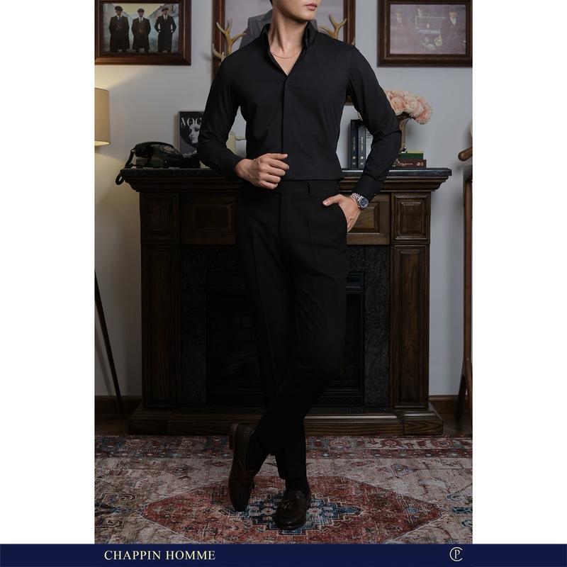 Áo Sơ mi nam thương hiệu Chappin Homme màu đen dài tay với cổ vuông Button - down, form regular fit, chất liệu bamboo & cotton cao cấp, thích hợp mặc trong nhiều dịp. aotrang  nam Menswear
