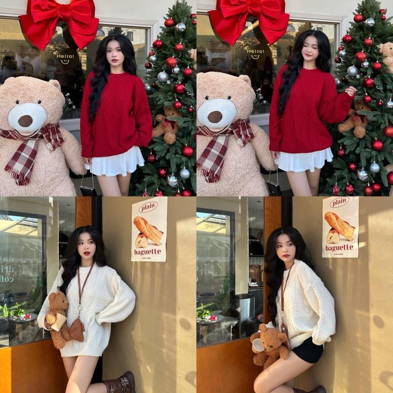 ÁO SWEATER LEN THỪNG TRƠN BASIC ĐỎ / TRẮNG NOEL