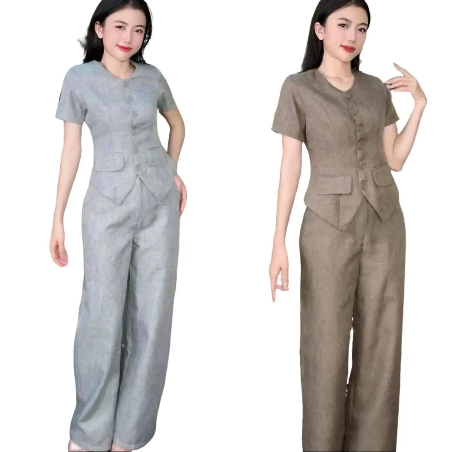 DN63- SÉT ÁO QUẦN TK DI NGUYỄN CHẤT LINEN QC CAO CẤP HAI LỚP NỆM VAI ÁO LOẠI ÁO TAY NGẮN QUẦN TÂY SUÔNG TOP Nữ Women