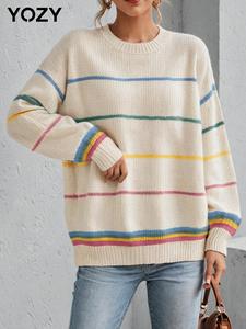 YOZY Women's Striped Print Drop Shoulder Sweater, Casual Long Sleeve Round Neck Jumper for Fall & Winter, Fashion Ladies' Knitwear for Daily Wear
