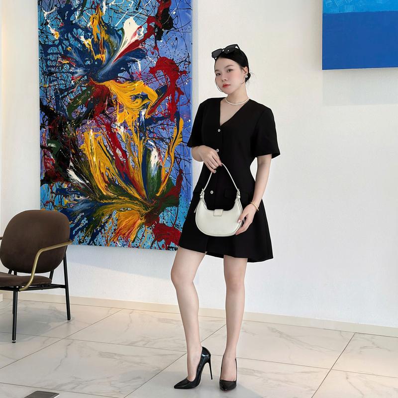 D149 ĐẦM GIẢ VEST CỔ V TAY CON CHẤT LIỆU VẢI LINEN BỐ SIZE 1-2