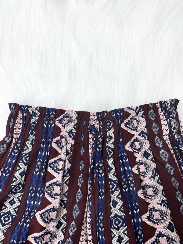 Women's Ethnic Pattern Drawstring Waist Pants, Boho Frill Trim High Waist Straight Leg Trousers for Spring & Fall, Ladies Bottoms for Daily Wear 5