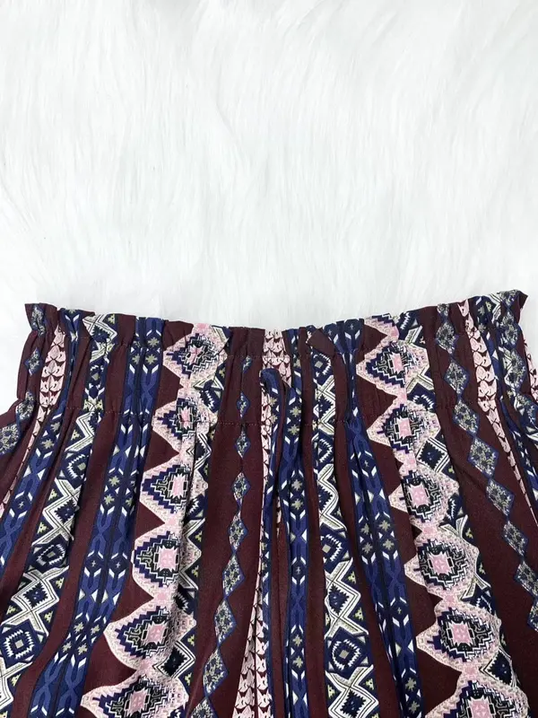 Women's Ethnic Pattern Drawstring Waist Pants, Boho Frill Trim High Waist Straight Leg Trousers for Spring & Fall, Ladies Bottoms for Daily Wear 5