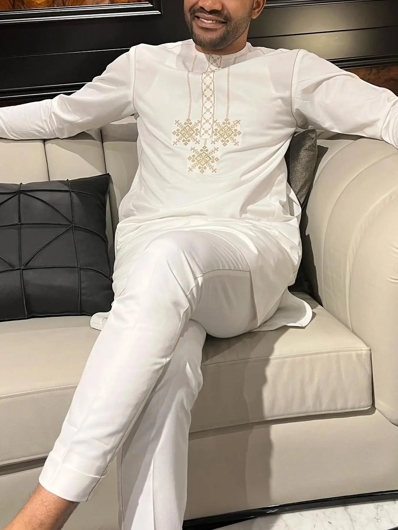 Men's Ethnic Pattern Drawstring Two-piece Set, Regular Fit Zipper Round Neck Long Sleeve Top & Pants Set, Men Modest Two-piece Outfits for Daily Wear