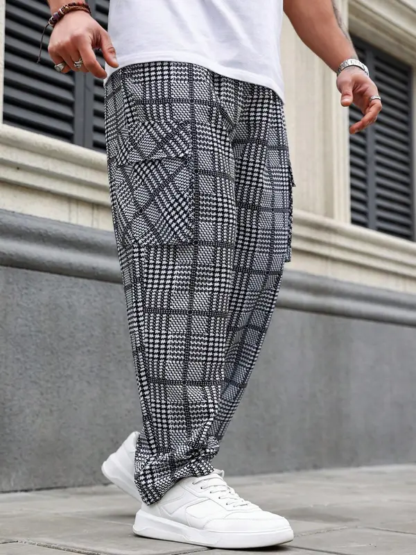 Men's Plaid Print Drawstring Waist Cargo Pants, Loose Casual Comfy  Flap Pocket & Slant Pocket Design Straight Leg Trousers for Daily Wear, Fashion Men's Bottoms for All Seasons 3