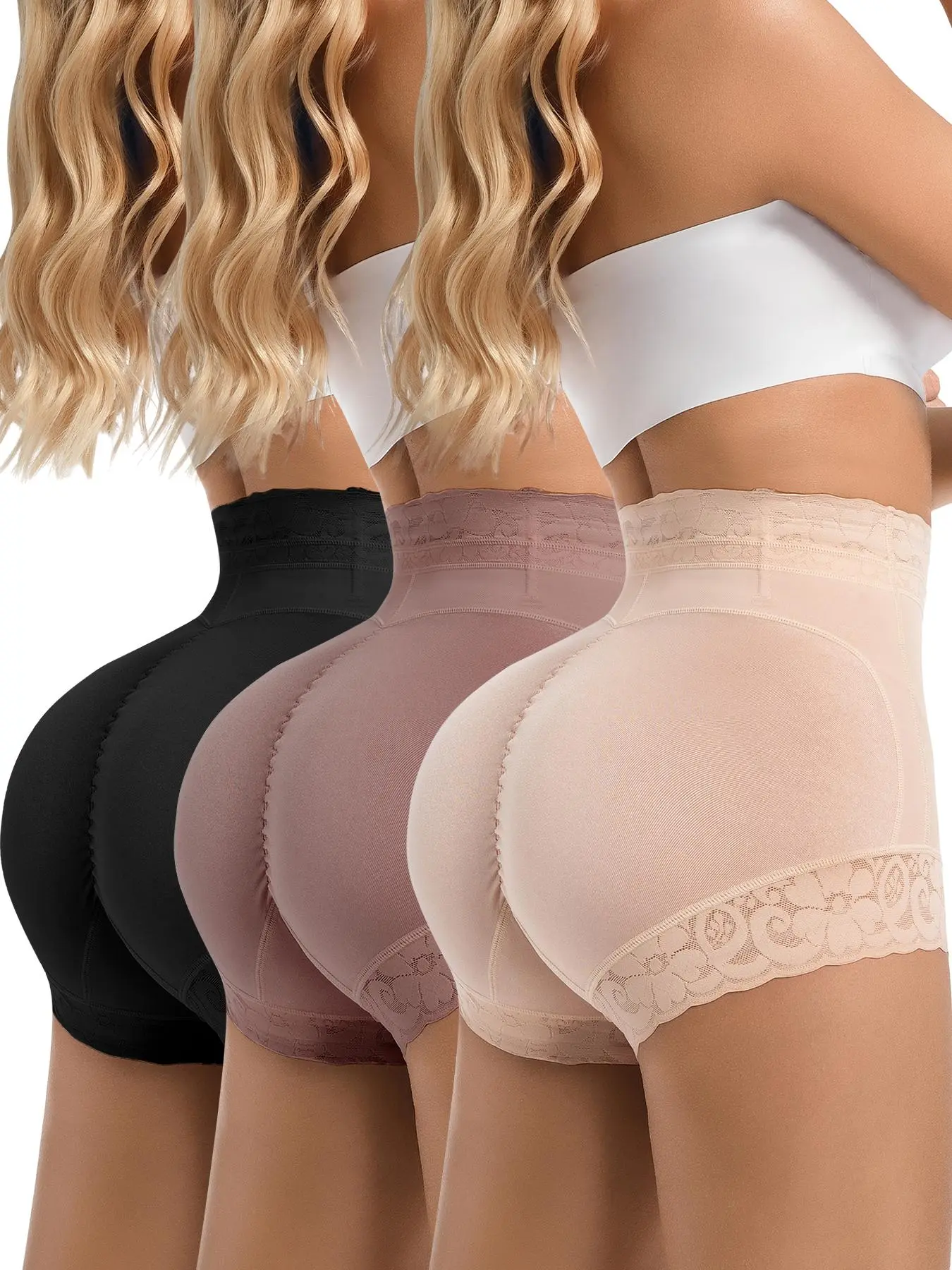 Women's 3 Counts Plain Contrast Lace High Waist Shapewear Shorts with Hip Padding, Casual Elegant Fit Tummy Control Butt Lift Shapewear Panties, Ladies Shapewear Bottoms