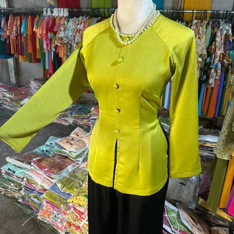 Áo Lẻ Bà Ba Tay Dài Cổ Tròn Viền Ngọc Lụa Tuyết Nhung Nữ Women Top