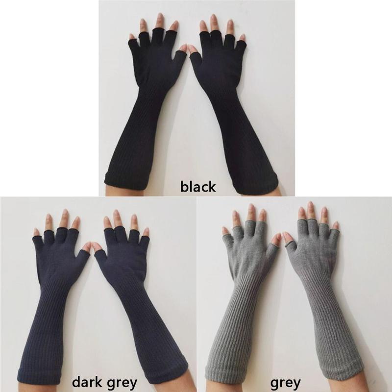 Product Introduction of Women Girls Pure Black Warm Elbow Long Work Gloves Arm Warmers Half Finger Gloves 11