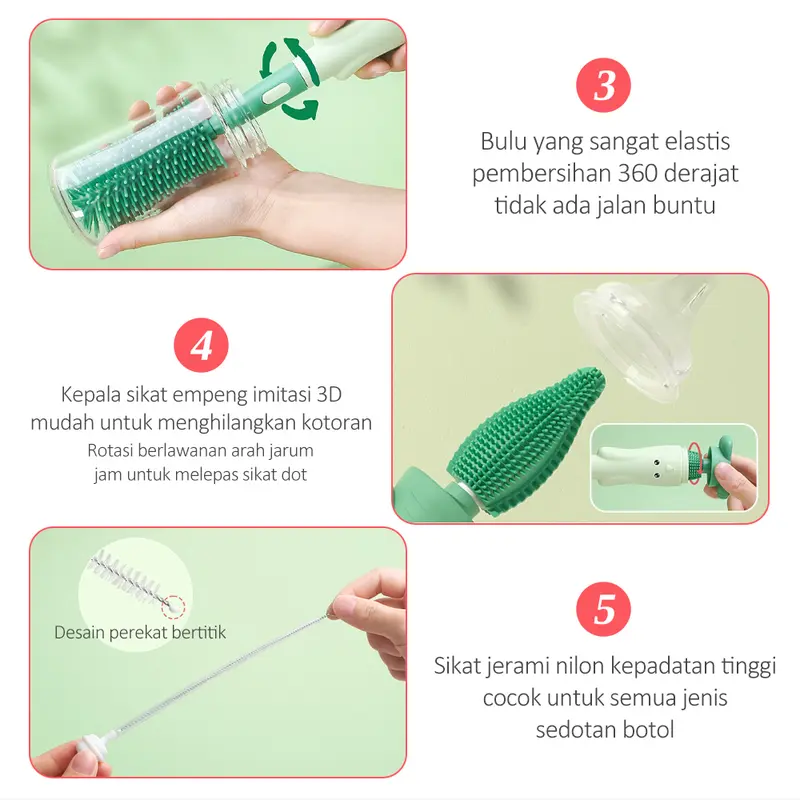 BAMBINO Sikat Botol 3 in 1 Silicone Bayi Silikon BPA Free Dapat Berputar 360 Biru Bottle Merah Pembersih Pembersih 4